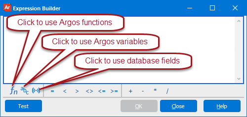 Expression Builder dialog box where functions, variables, and database fields are selected.